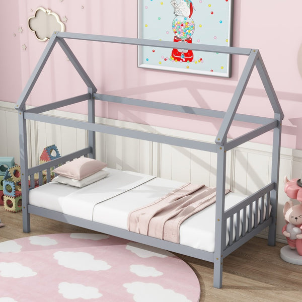 English Elm Twin House Shaped Kids Bed Solid Rubberwood Platform Frame with Storybook Silhouette W504P363901