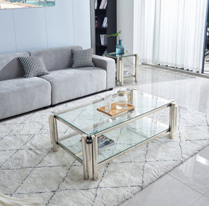 English Elm 50" Modern Stainless Steel Coffee Table with Double Tempered Glass Shelves, Industrial Chic Storage, Silver W2978S00007
