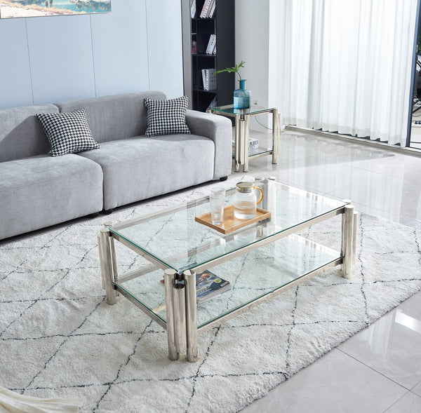 English Elm C013A-LEG-Silver, Industrial Antique Silver Stainless Steel Coffee Table with Two-Tier Tempered Glass Storage W2978P221397