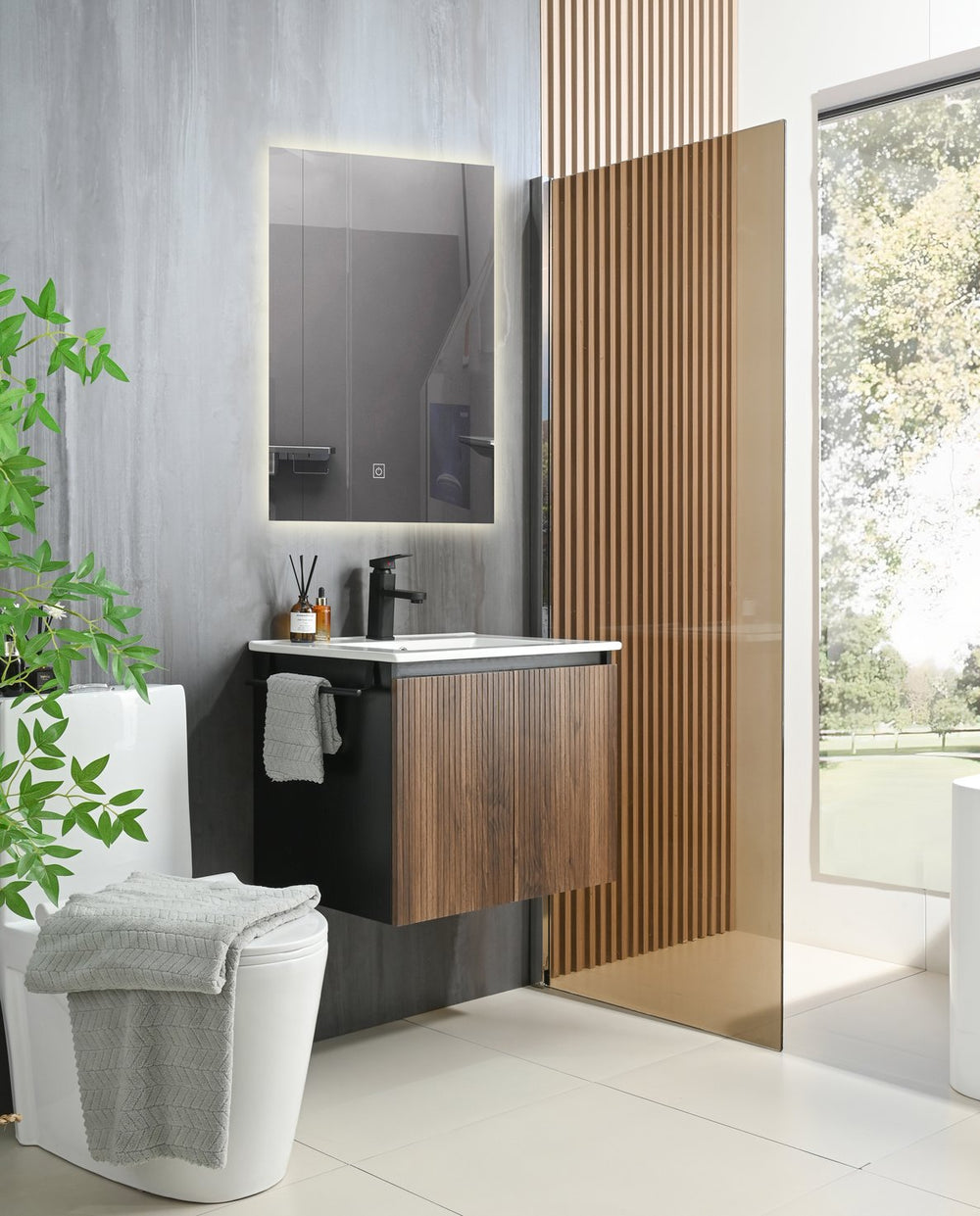 English Elm Goodyo 24" Wall-Mount Floating Bathroom Vanity Cabinet with Soft-Close Doors Stainless Towel Rack Black + Dark Walnut D163120298