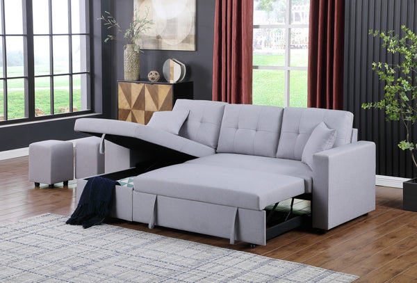 English Elm Dino Linen Tufted Sleeper Sectional with Reversible Chaise Storage and Two Ottomans Light Gray B2749S00202