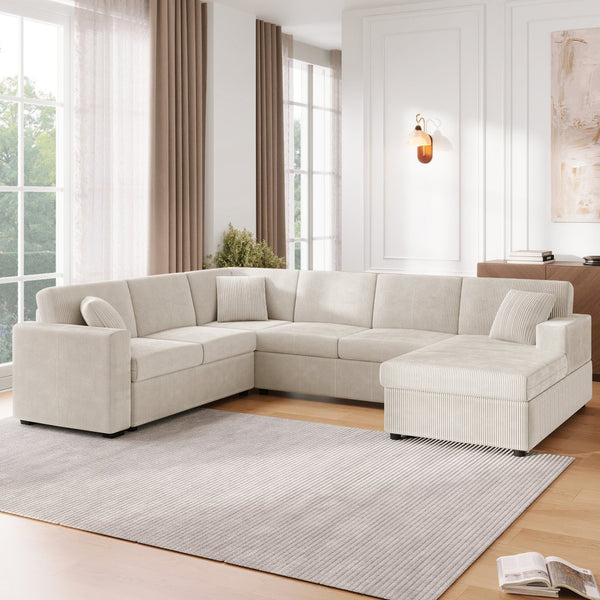 English Elm Oversized U-Shaped Sectional Sofa with Corduroy Upholstery, Deep Cushions, Chaise and 3 Pillows (115.3") Light Gray N719S002060E