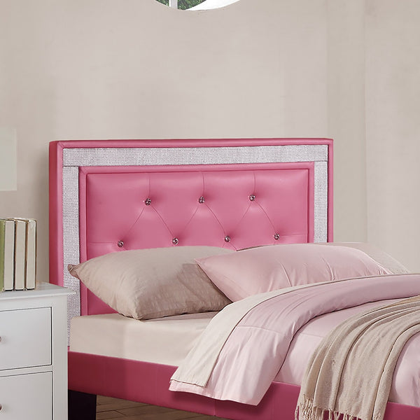 English Elm Modern Glam Tufted Faux Leather Bed with Glitter Frame and Diamond Accents, Full Size, 12-Slat Support, Sturdy Middle Legs, Elegant Upholstered Headboard Pink 60 L x 36 W x 6 H B011P400278