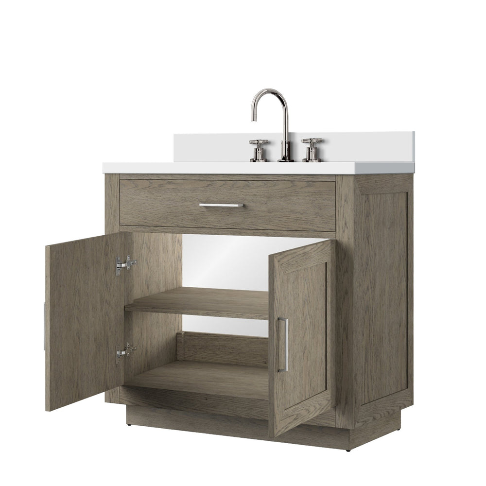English Elm Grey Grey Oak Single Bath Vanity 36 in W x 22 in D with White Quartz Top, Chrome Gooseneck Faucet, Soft-Close cabinetry enhancements B2731P257689