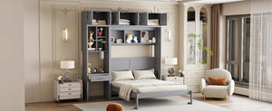 English Elm Queen Murphy Bed with Integrated Desk Cabinet Shelves Space Saving Studio Solution Gray N708S00021E-1