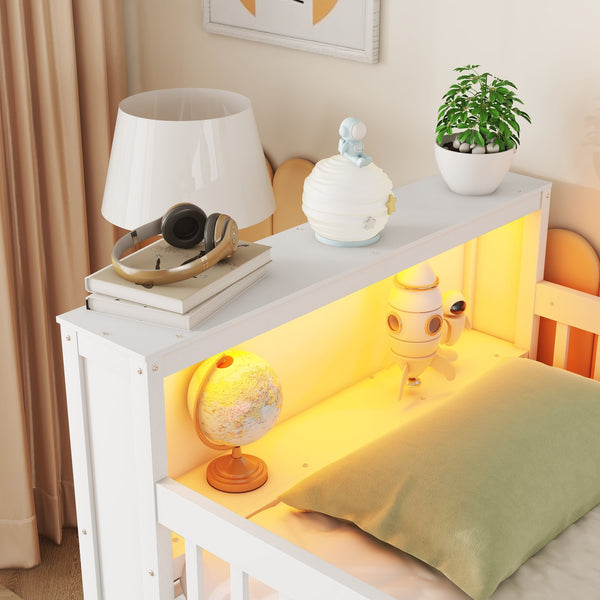 English Elm Twin Loft Bed with Built-In Stairs, Shelves, Hanging Rod & 2 Drawers for Space-Saving Kids Room White 45.87 L x 18.5 W x 10.83 H W2593S00004