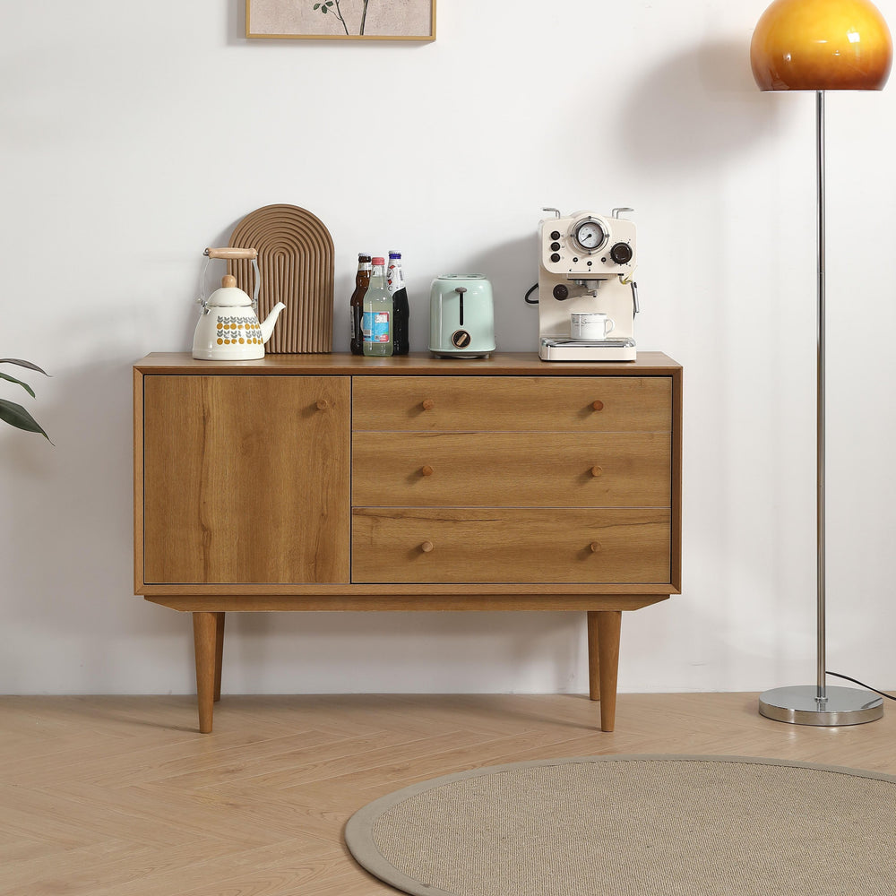 English Elm ANTIQUE Modern Oak Buffet Sideboard with 3D Edge, Adjustable Shelf & 3 Drawers for Stylish Storage W1581P144413