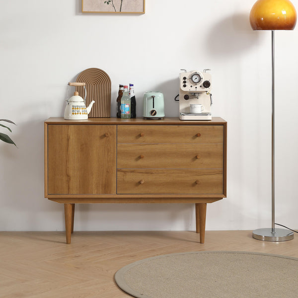 English Elm ANTIQUE Modern 4-Drawer 2-Door Buffet Sideboard with 3D Edge Design, Solid Wood Legs, Ample Storage Ancient Oak W1581P144413