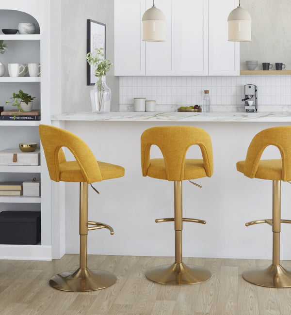 English Elm Adjustable Swivel Barstools Set of 2 White Fabric Padded Seats Chrome Base Yellow B202S01951