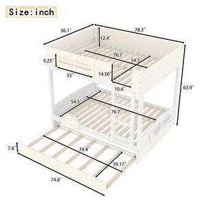 English Elm Full Bunk Bed with Trundle Bookshelf Storage Pine Frame Car Design for Kids Beige+White W1580S00444