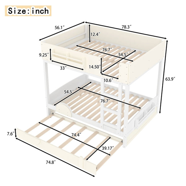 English Elm Full Bunk Bed with Trundle Bookshelf Storage Pine Frame Car Design for Kids Beige+White W1580S00444