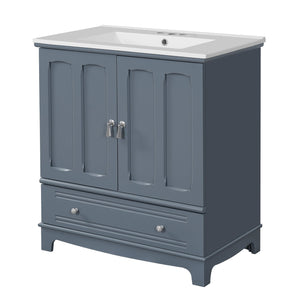 English Elm 30" Modern Bathroom Vanity with Ceramic Sink, Solid Wood Frame, Soft-Close Drawer & Adjustable Shelf Blue N710P293306C