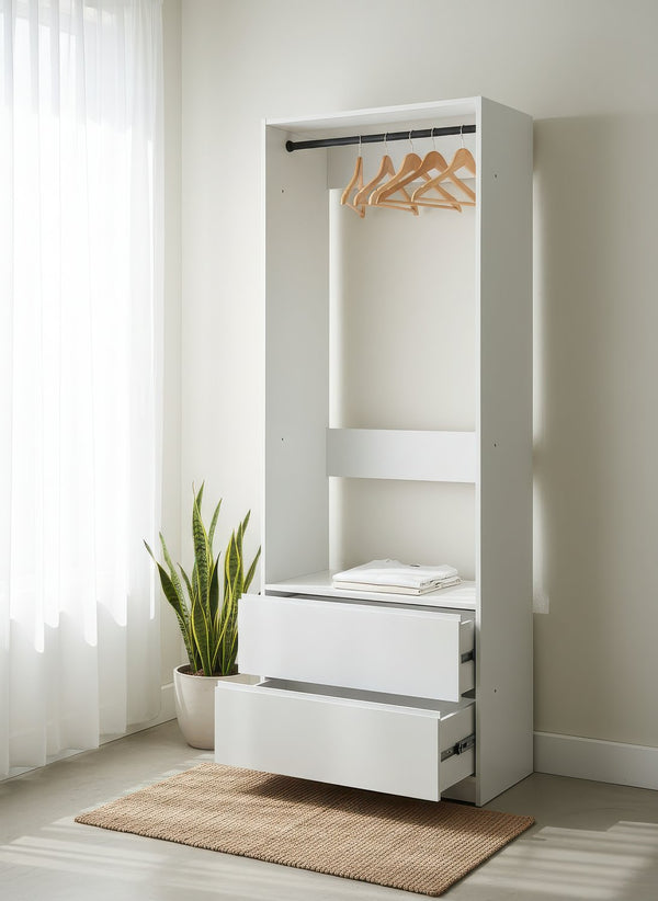 English Elm Prosper 32" White Wood Walk-In Closet System with Two Rods, Freestanding Oak Finish, Durable Melamine B040P407430