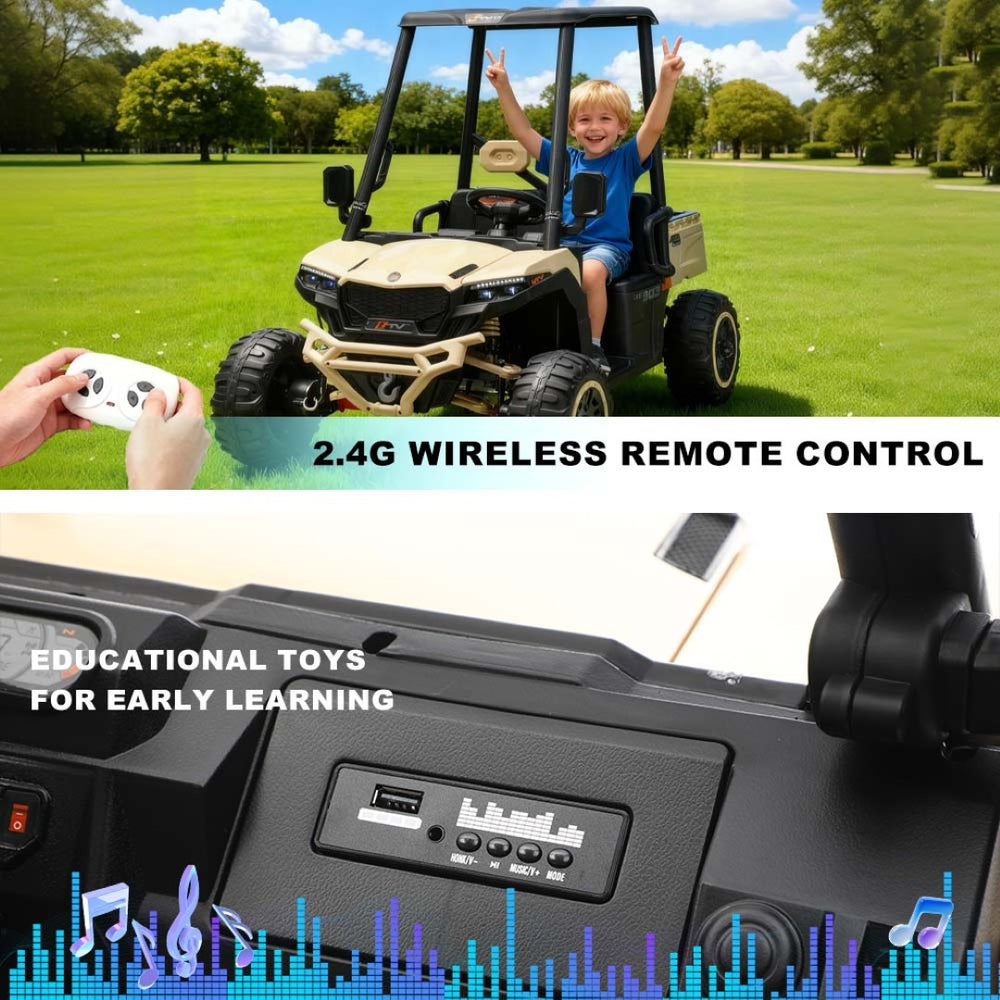 English Elm 24v Kids Electric Golf Cart Two Seat 4wd Ride on Toy with Remote and Sun Shade Beige W3822P387465