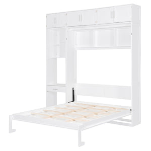 English Elm Queen Murphy Bed with Integrated Desk Cabinet Shelves Space Saving Studio Solution White N708S00021K-1