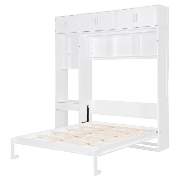 English Elm Queen Murphy Bed with Integrated Desk Cabinet Shelves Space Saving Studio Solution White N708S00021K-1