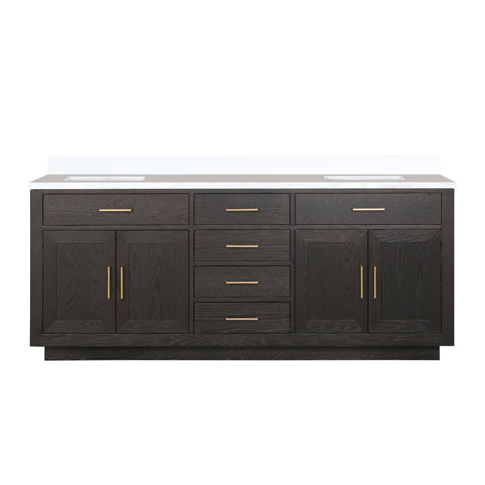 English Elm Brown Oak Double Bath Vanity With Cultured Marble Top - 80" W, Spacious Storage, Fully Assembled! B2731P257809