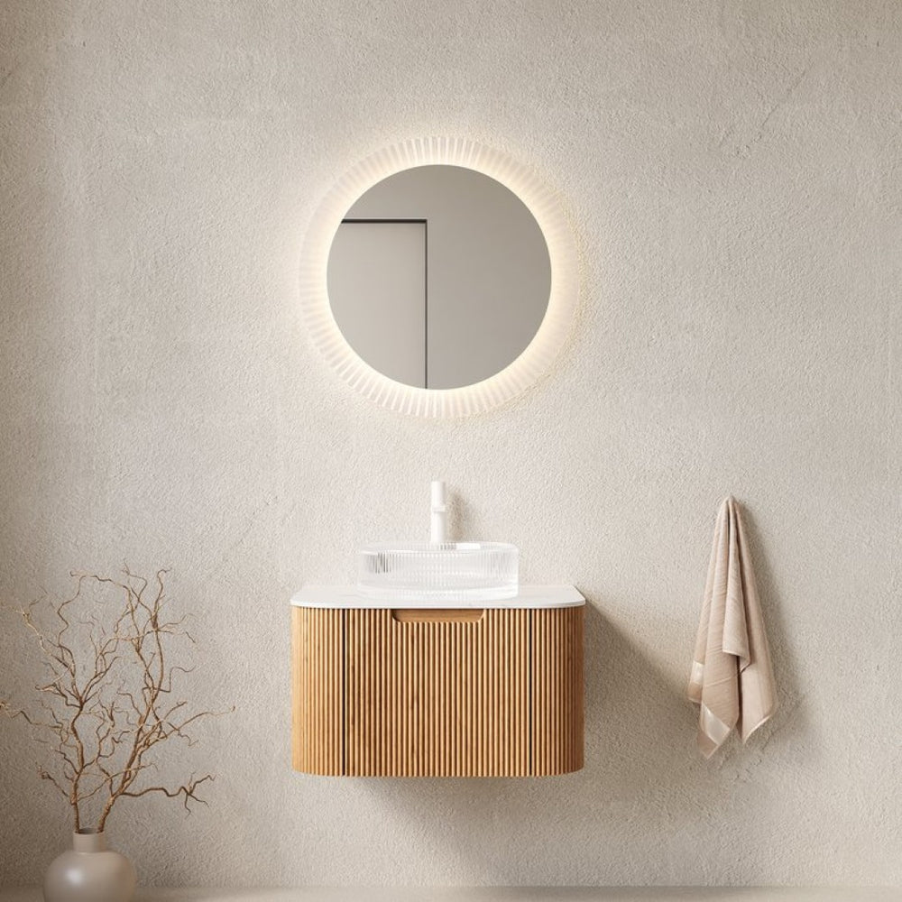 English Elm Dina Floating Bathroom Vanity with Sintered Stone Top and Crystal Glass Basin Carrara White,Natural Wood,Transparent W2615S00444