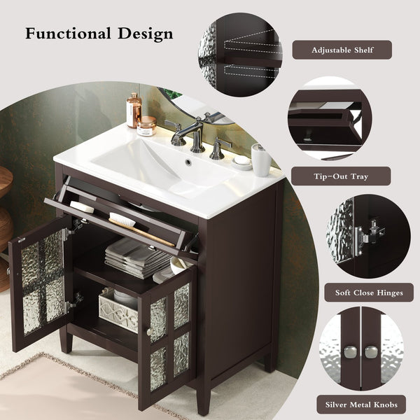 English Elm Christopher Knight Home® - 30" Bathroom Vanity with Ceramic Sink, Solid Wood Legs, Adjustable Shelf, Tip-Out Tray, Soft-Close Hinges, Silver Knobs, Moisture-Resistant Finish Dark Brown N817P286250D