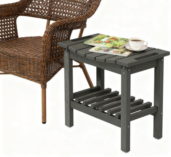 English Elm Shower Bench with Two Tier Storage Shelf Hdpe Wood Grain Finish for Bath or Poolside Dark Gray T3971P417793
