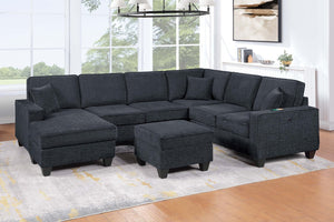 English Elm Contemporary Chenille U-shape Sectional with Usb Charging Chaise and Ottoman Included Black,Slate B011S02189