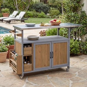 English Elm 54.33" Farmhouse Outdoor Kitchen Cart Solid Fir Frame Steel Top Storage Bbq Prep Blue Gray,Walnut Brown N767P379702B