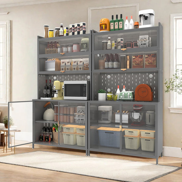 English Elm 73'' Tall 6-Tier Steel Pantry Cabinet with Flip Door & Pegboard, Adjustable Shelves, Anti-Tip Storage Grey W3387P306357
