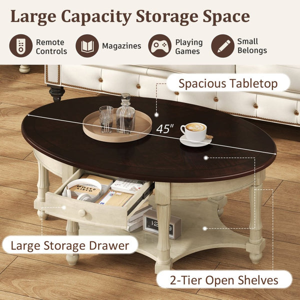 English Elm Vintage Oval Coffee Table With Drawer & Storage Shelf - French Country Charm For Living Rooms N735P277388K-GIGA