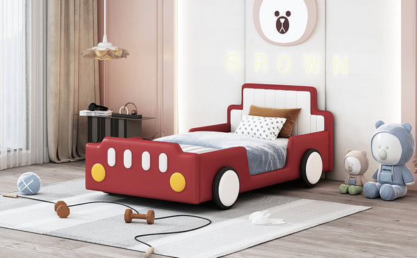 English Elm Twin Race Car-Shaped Platform Bed with Safety Rails and Sturdy Slats for Kids’ Room Comfort Red SF000127AAJ