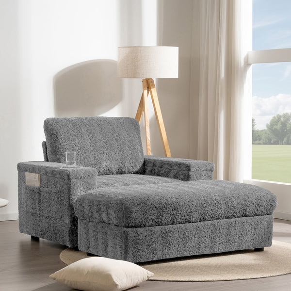 English Elm 42" Oversized Chaise Lounge Faux Rabbit Fur Sofa Bed with Storage Ottoman, Cup Holder, Reclining Cozy Seat N723P232726E