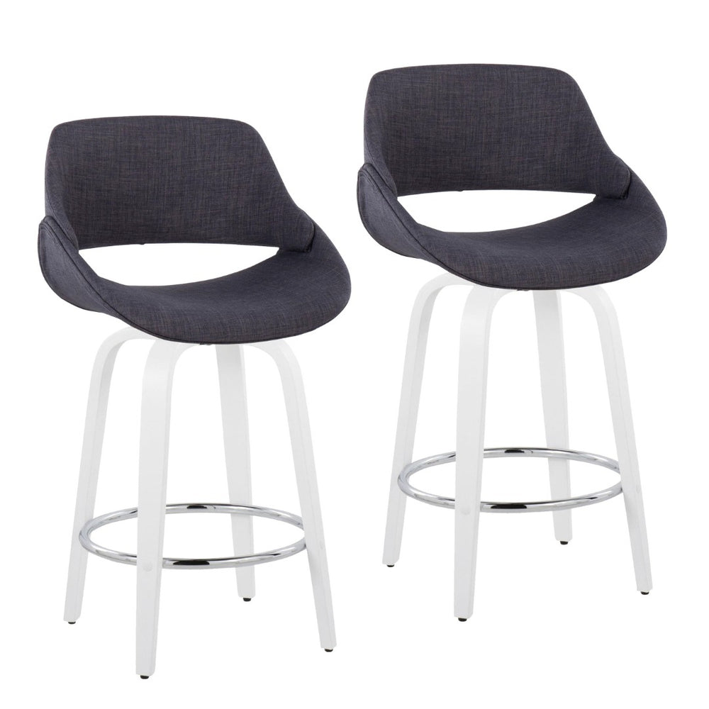 English Elm Fixed-height Swivel Counterstools White Wood Base Charcoal Seat Chrome Footrest Pair B202S01821