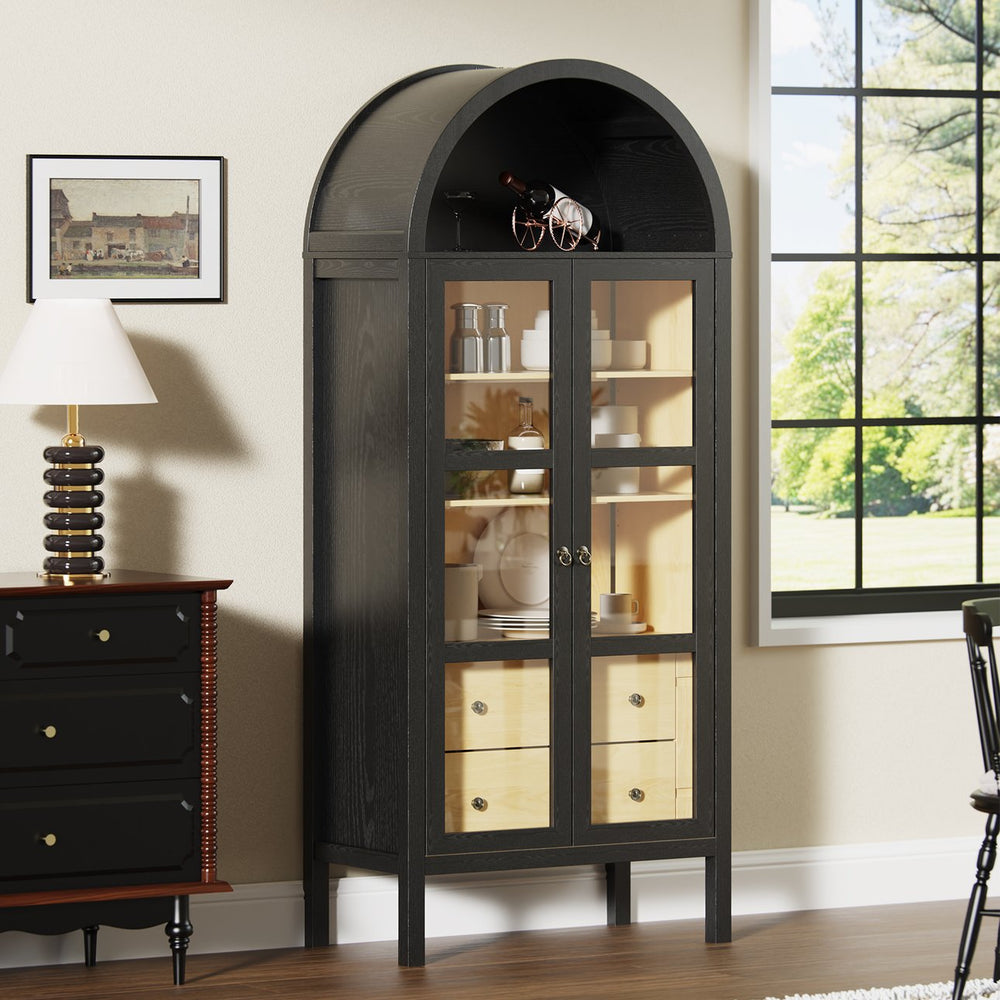 English Elm Modern Farmhouse Arched Cabinet with Glass Doors 72" Tall LED Sensor Light Adjustable Shelves, Drawers T3210P394059