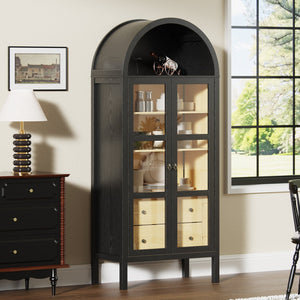 English Elm Modern Farmhouse Arched Cabinet with Glass Doors 72" Tall LED Sensor Light Adjustable Shelves, Drawers T3210P394059