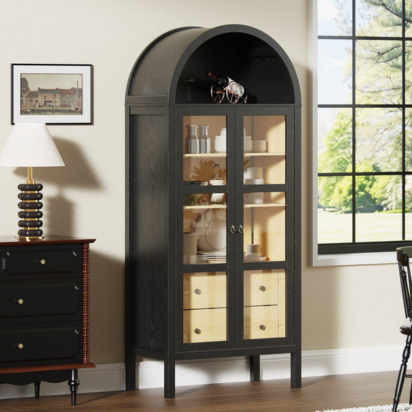 English Elm Modern Farmhouse Arched Cabinet with Glass Doors 72" Tall LED Sensor Light Adjustable Shelves, Drawers T3210P394059