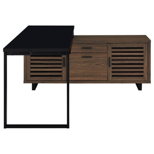 English Elm Rodger Black and Walnut L-Shape Computer Desk with Credenza, Slatted Doors, Drawers, Spacious Workstation B062P378334