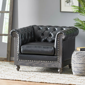 English Elm Christopher Knight Home® - CLUB Club Chair Chesterfield-Inspired Tufted PU Upholstery with Nailhead Trim, Scrolled Arms, Turned Legs Black 39.25 L x 34.25 W x 25 H 72069.00MDNT