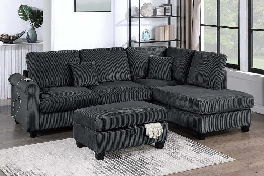 English Elm Contemporary Corduroy Sectional Set with Storage Ottoman and Built-in Usb Port B011S02229