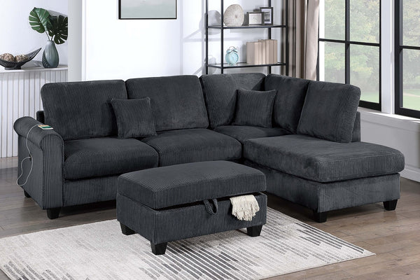 English Elm Contemporary Corduroy Sectional Set with Storage Ottoman and Built-in Usb Port B011S02229