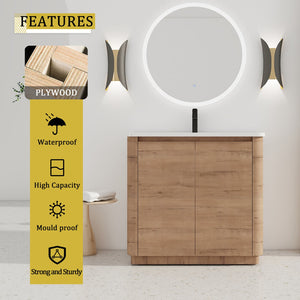 English Elm 36'' Freestanding Bathroom Vanity with White Ceramic Sink, Soft-Close Doors, Plywood, Adjustable Shelves W999P351896