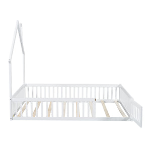 English Elm Wood House Platform Bed Full Size with Guardrail & Playful Frame, Sturdy Pine, Kid-Safe Design White N709P171852K