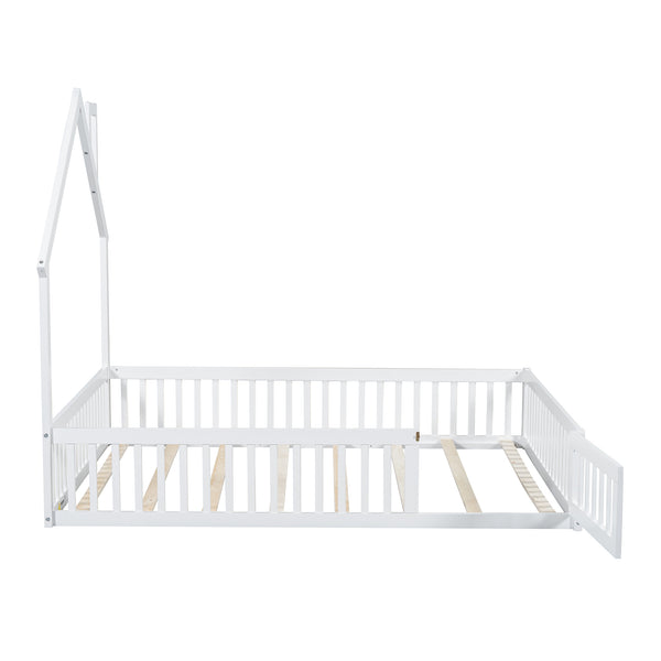 English Elm Wood House Platform Bed Full Size with Guardrail & Playful Frame, Sturdy Pine, Kid-Safe Design White N709P171852K
