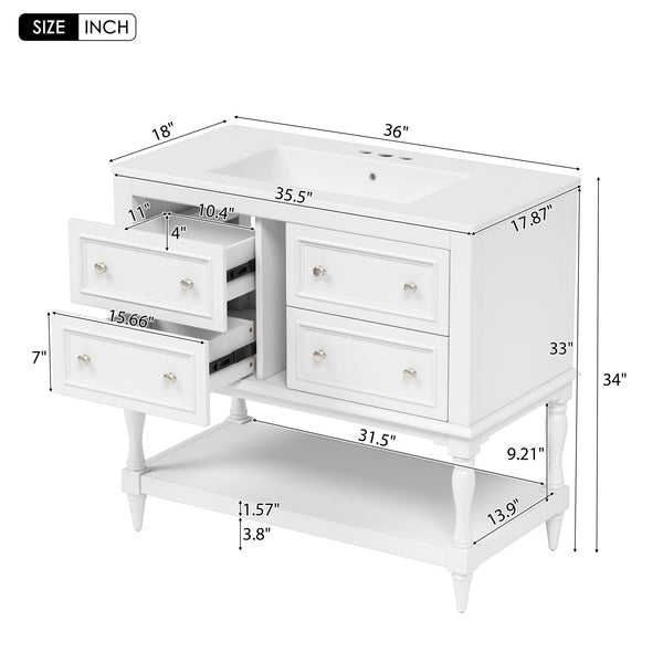 English Elm 36" Bathroom Vanity with Sink Combo, 36" Ceramic Undermount Basin, Solid Wood Frame, 4 Drawers, Waterproof Painted Finish White N710P250654K