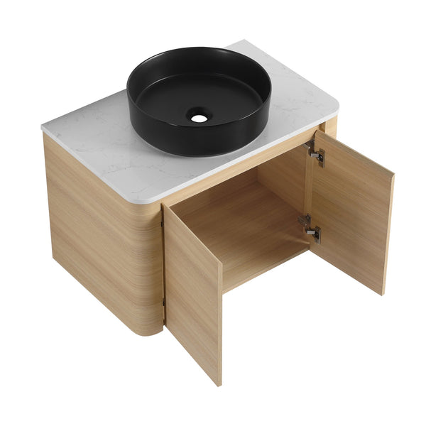 English Elm 30'' Wall-Mounted Bathroom Vanity With Ceramic Art Sink, Soft-Close Doors & Space-Saving Design W999S00463