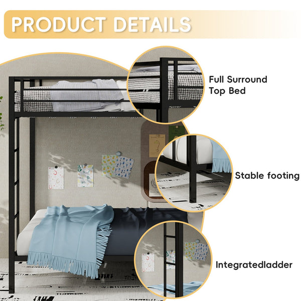English Elm Multi Square Tube Iron Bunk Bed Full over Full, Black Sturdy Metal Frame, Dual Ladders, Space‑Saving Dorm Solution W1935P360909