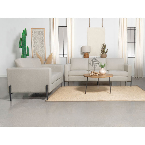 English Elm Dulcie Mid-Century Modern 2-Piece Sofa and Loveseat Set in Oatmeal Herringbone Fabric with Metal Legs, Tailored Comfort B062S01240