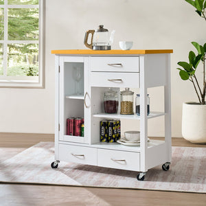 English Elm Kitchen Island Cart Ameican White Oak Top with Glass Door, Drawers, Towel Bar & Locking Wheels, Modern W3417P329701