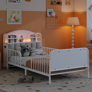 English Elm Twin Solid Wood Platform Bed with Guardrail for Kids, Low-Profile Sturdy Pine Frame, Safe Sleep Solution White 45.87 L x 17.72 W x 11.22 H W2593P337454