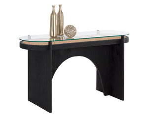 Sunpan ADORA Console Table: Handcrafted Rattan & Black Mango Wood, Perfect for Eclectic Living Spaces! 110642