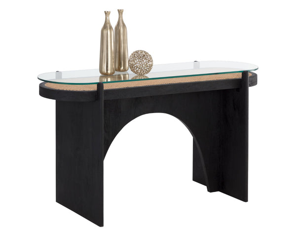 Sunpan ADORA Console Table: Handcrafted Rattan & Black Mango Wood, Perfect for Eclectic Living Spaces! 110642