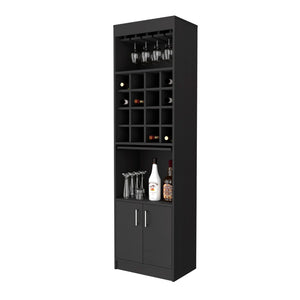 English Elm Myers Tall Bar Cabinet with Wine Rack Glass Holder Open Shelves and Double Doors B128S00154